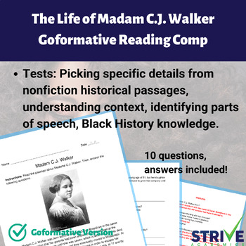 Preview of Madam CJ Walker Reading Comprehension and Black History Goformative Digital
