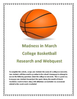 Preview of Madness in March College Basketball Vocabulary and Research Webquest Worksheet