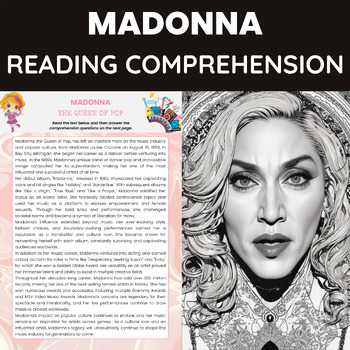 Preview of Madonna Biography Reading Comprehension Worksheet | Pop Music