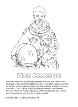 Preview of Mae Jemison Black Female Scientist Engineer Coloring Page