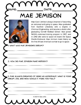 Preview of Mae Jemison No-Prep Differentiated Worksheet- Black History Month