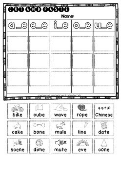 magic e sorts ae ee ie oe ue cut and paste worksheets