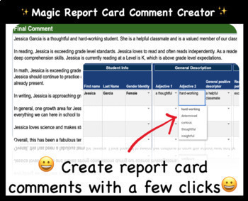 Preview of Magic Report Card Comment Creator | Multiple Subject | Beginning+Middle of Year 