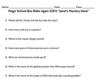 Preview of Magic School Bus Rides Again  S2E12  “Janet's Mystery Gene” Worksheet