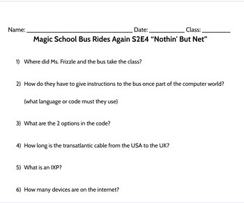 Preview of Magic School Bus Rides Again S2E4 “Nothin' But Net” Worksheet