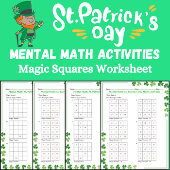Preview of Magic Squares Mental Math Activities Funny St. Patrick's Day - Spring Worksheets
