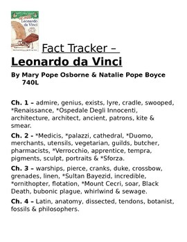 Preview of Magic Treehouse - Fact Tracker - Leonardo da Vinci - Vocabulary List