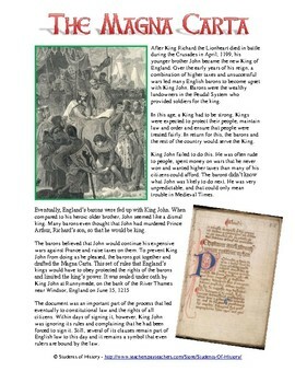 Preview of Magna Carta Reading Worksheet Activity for Middle Ages & Medieval Europe