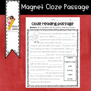 Magnet Cloze Reading Passage By Miss Zees Activities Tpt