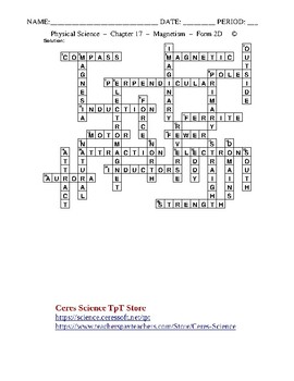Magnetic Field HS Physical Science Crossword with Word Bank