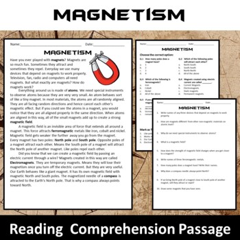 Preview of Magnetism (Magnets) Reading Comprehension Passage and Questions - PDF