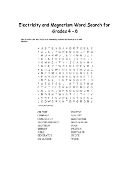 Preview of Magnetism and Electricity Word Search for Grades 4 - 8