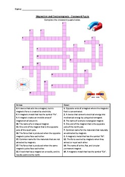 Preview of Magnetism and Electromagnets - Crossword Puzzle Worksheet Activity (Printable)