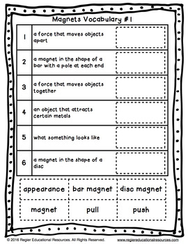 Vocabulary Activities | Magnet Activities | Magnets Vocabulary | Worksheets