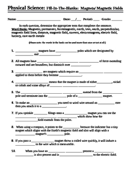 magnets and magnetic fields worksheet fill in the blank tpt