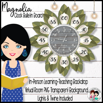 Preview of Magnolia Clock Farmhouse Classroom, Teacher Backdrop, & PNGs Distance Learning
