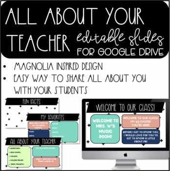 Preview of Magnolia Theme All About Your Teacher Slideshow (Google Slides Version)