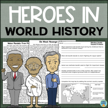 Preview of Mahatma Gandhi Nelson Mandela Elie Wiesel World History Reading Comprehension