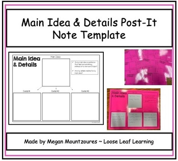 Preview of Main Idea & Detail Post It Note Template