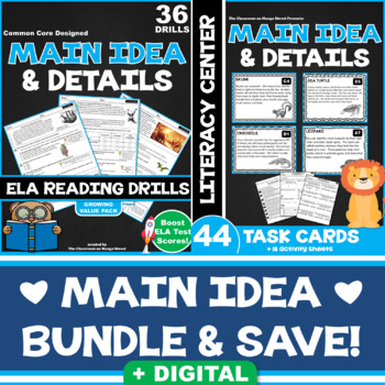 Preview of Main Idea & Details Reading Passages and Questions + Task Cards | Savings Bundle