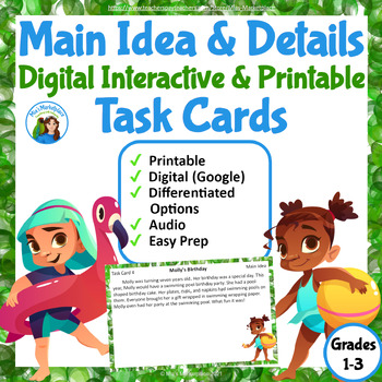 Preview of Digital/Printable Main Idea Task Cards w/ Differentiation & Audio Grades 1-3