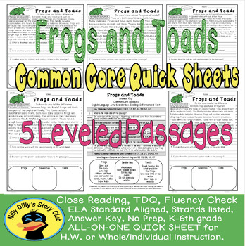 Preview of Main Idea Fluency TDQs & More Frogs and Toads CLOSE READING 5 LEVELED PASSAGES