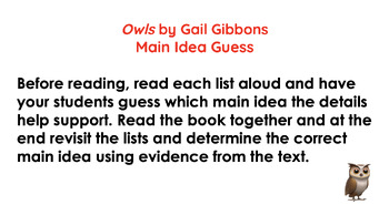 Preview of Main Idea Guess: Owls by Gail Gibbons