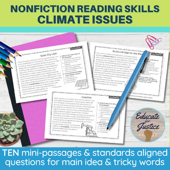 Main Idea Reading Comprehension Task Cards- Climate Change Reading