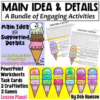 Main Idea Bundle of Activities: Everything you need for a 4th-6th grade main idea unit! Main idea worksheets, craftivities, games, lesson plans, and more!