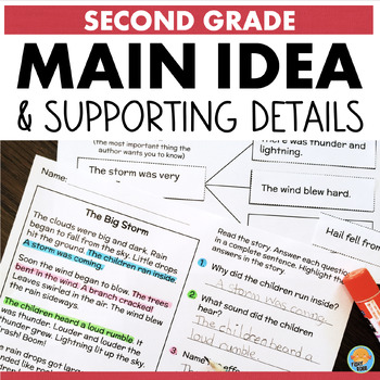 Preview of 2nd Grade Main Idea & Supporting Details Reading Passages Central Idea Worksheet