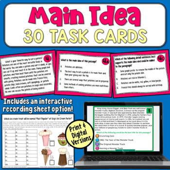 Preview of Main Idea & Supporting Details Task Cards: 10 Passages & 30 Questions 4th 5th