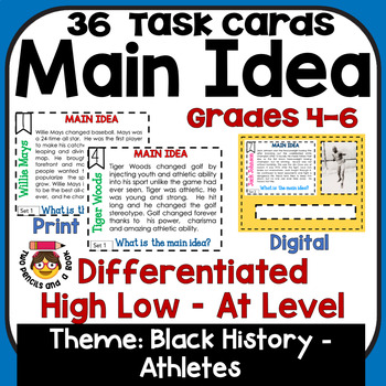Preview of Main Idea Task Cards: Differentiated  4-6: Black History Month - Athletes Themed