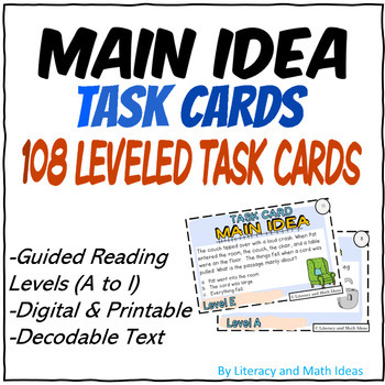 Main Idea Task Cards For Each Guided Reading Level (Levels A-I)