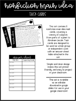 Preview of Main Idea Task Cards Nonfiction (distance learning option available)