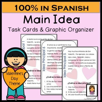 Preview of Main Idea Task Cards and Graphic Organizer Spanish Valentines Day