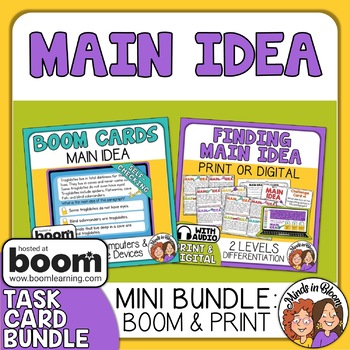 Preview of Main Idea Task Cards and Digital Boom Cards Bundle with Audio Support