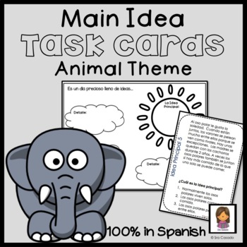 Preview of Spanish Main Idea Task Cards and Graphic Organizer Animals Theme