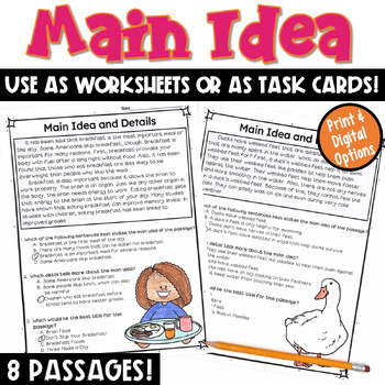 Preview of Main Idea and Supporting Details: Task Cards or Worksheets for 2nd and 3rd