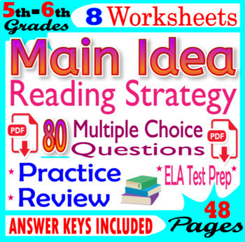 Preview of Main Idea Worksheets & Practice. 5th-6th Grade Reading Comprehension Strategies