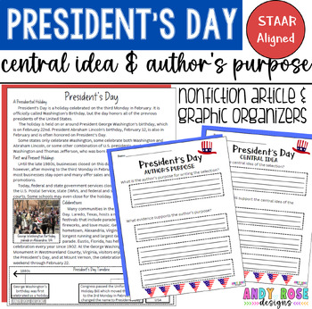 Preview of Main Idea and Author's Purpose Reading Comprehension Passage President's Day