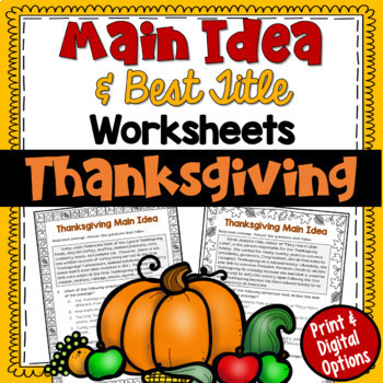 Preview of Main Idea and Best Title Worksheets for Thanksgiving with Print and Digital