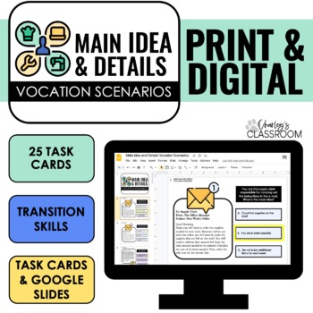 Preview of Main Idea and Details Vocation Scenarios Task Cards | Digital Version Included