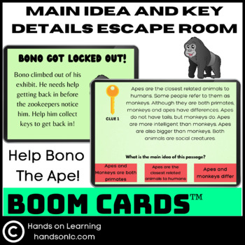 Preview of Main Idea and Key Details Apes Escape Room Boom Cards
