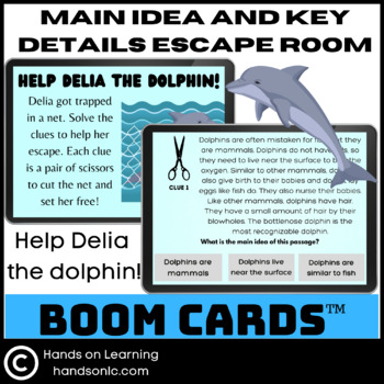 Preview of Main Idea and Key Details Dolphins Escape Room Boom Cards
