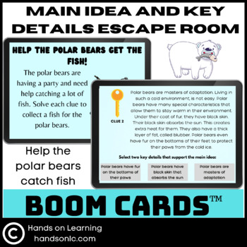 Preview of Main Idea and Key Details Polar Bear Escape Room Boom Cards