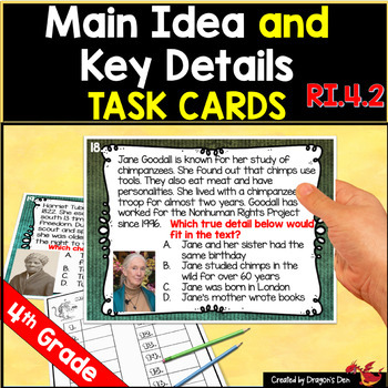 Preview of Main Idea and Key Details Task Cards RI.4.2 Print and Digital