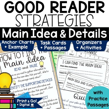 Preview of Main Idea Task Cards Anchor Charts Graphic Organizer Passages Key Details