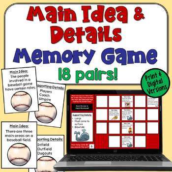 Preview of Main Idea and Supporting Details Memory Game in Print and Digital