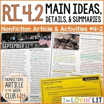 Preview of Main Ideas, Details, & Summaries RI.4.2 | September 11th Nonfiction Article #4-2