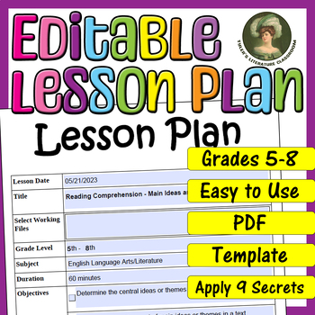 Preview of Main Ideas and Themes : Editable Lesson Plan for Middle School